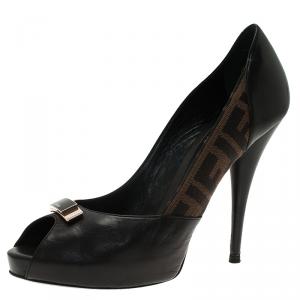 Pre Owned Fendi Brown Zucca Canvas and Black Leather Peep Toe Platform Pumps Size 40