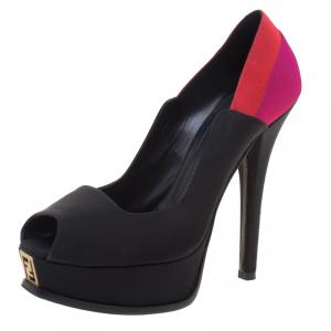 Pre Owned Fendi Tricolor Colorblock Canvas Fendista Peep Toe Platform Pumps Size 40.5