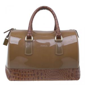 Pre Owned Furla Brown Rubber Candy Croco Satchel