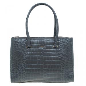 Pre Owned Furla Grey Croc Embossed Leather Large Lotus Tote