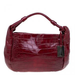 Pre Owned Furla Red Croc Embossed Leather Zarina Hobo