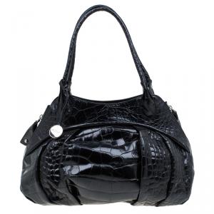 Pre Owned Furla Black Croc Embossed Leather Clara Satchel