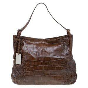 Pre Owned Furla Brown Croc Embossed Leather Zarina Hobo