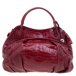 Pre Owned Furla Red Croc Embossed Leather Clara Satchel