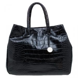 Pre Owned Furla Black Croc Embossed Leather Double Handle Tote