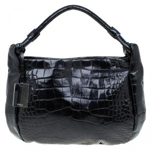 Pre Owned Furla Black Croc Embossed Leather Zarina Hobo