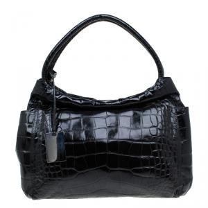 Pre Owned Furla Black Croc Embossed Leather Hobo