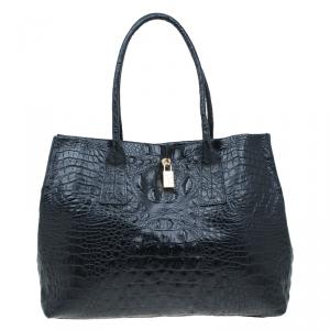 Pre Owned Furla Black Croc Embossed Leather Onyx Tote