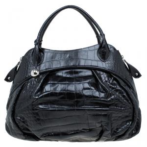 Pre Owned Furla Black Croc Embossed Leather Clara Satchel