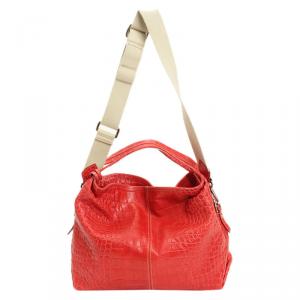 Pre Owned Furla Red Croc Embossed Leather Shoulder Bag