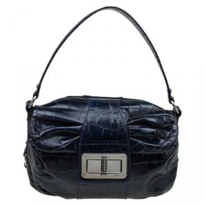 Pre Owned Furla Dark Blue Croc Embossed Leather Wally Shoulder Bag