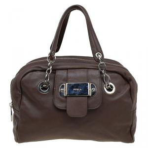 Furla Brown Leather Double Zip Bowling Bag 