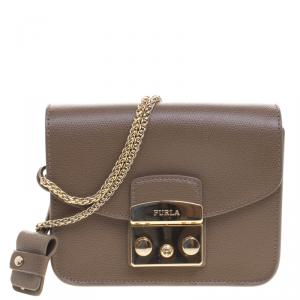 Pre Owned Furla Dark Beige Leather Metropolis Crossbody Bag
