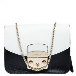 Pre Owned Furla Black/White Leather Metropolis Crossbody Bag
