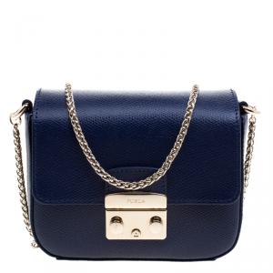 Pre Owned Furla Navy Blue Leather Mini Metropolis Crossbody Bag