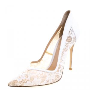Pre Owned Gianvito Rossi White Leather and Lace Edgile Pointed Toe Pumps Size 39