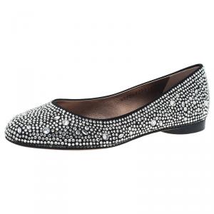 Pre Owned Gina Black Crystal Embellished Satin Ballet Flats Size 36.5