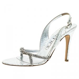 Pre Owned Gina Silver Croc Embossed Swarovski Crystal Embellished Naomi Slingback Sandals 37.5
