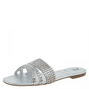 Pre Owned Gina Silver Crystal Embellished Flat Slides Size 38