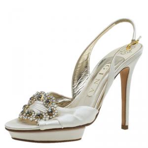 Pre Owned Gina Ivory Satin Embellished Platform Slingback Sandals Size 37