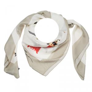 Giorgio Armani Cream Multicolor Fashion Illustration Printed Silk Scarf