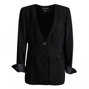 Giorgio Armani Black Silk Satin Diamond Tucked Textured Blazer L