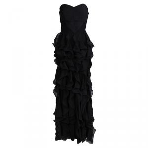 Giorgio Armani Black Silk Ruffle Detail Strapless Maxi Dress M