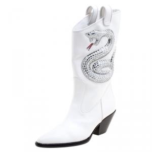 Giuseppe Zanotti White Snake Embellished Leather Guns 55 Cowboy Boots Size 38.5