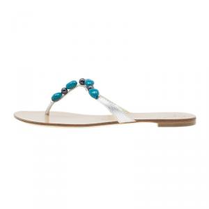 Pre Owned Giuseppe Zanotti Turquoise Beaded Leather Thong Sandals Size 40