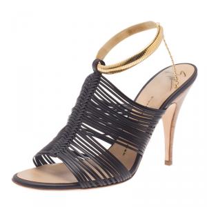 Pre Owned Giuseppe Zanotti Black Leather Caged Chain Strap Sandals Size 38.5