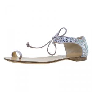 Pre Owned Giuseppe Zanotti Beige Crystal Embellished Toe Ring Flat Sandals Size 38
