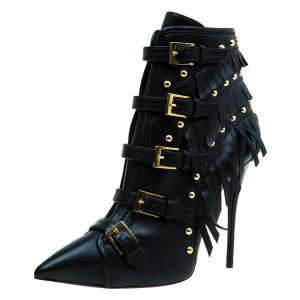Pre Owned Giuseppe Zanotti Black Leather Yvette Fringe Studded Leather Ankle Boots Size 40