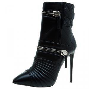 Pre Owned Giuseppe Zanotti Black Quilted Leather Double Zip Accent Booties Size 38
