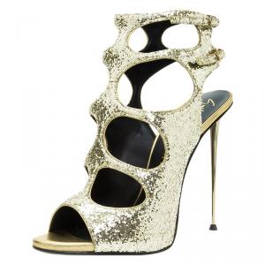 Pre Owned Giuseppe Zanotti Gold Glitter Cutout Ankle Sandals Size 38