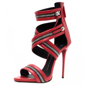 Pre Owned  Giuseppe Zanotti  Red Leather  Zip Detail Sandals Size 40