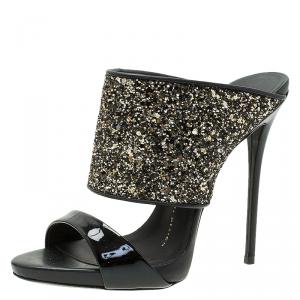 Pre Owned Giuseppe Zanotti Black and Silver Glitter Mules Size 36