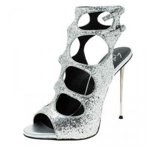 Pre Owned Giuseppe Zanotti Silver Glitter Cutout Ankle Sandals Size 37 