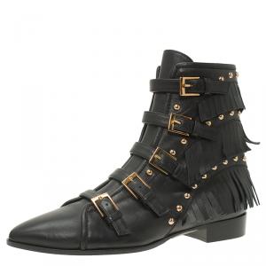 Pre Owned Giuseppe Zanotti Black Leather Studded and Fringed Buckled Ankle Boots Size 38.5