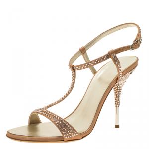 Pre Owned Giuseppe Zanotti Pink Satin Crystal Coated T-Strap Sandals Size 37
