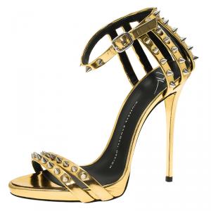 Pre Owned Giuseppe Zanotti Gold Metallic Spike Leather Ankle Strap Sandals Size 37