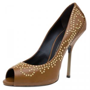 Pre Owned Giuseppe Zanotti Brown Studded Leather Peep Toe Pumps Size 39