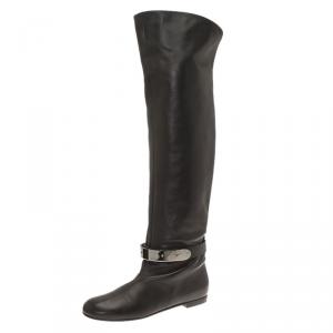 Pre Owned Giuseppe Zanotti Black Leather Logo Plaque Flat Over the Knee Boots Size 41
