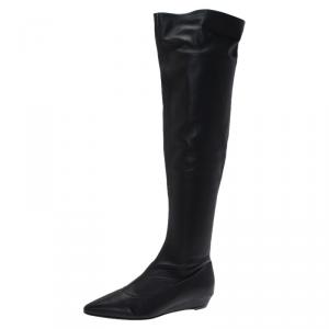 Pre Owned Giuseppe Zanotti Black Leather Pointed Wedge Over the Knee Boots Size 38