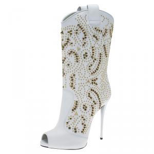 Pre Owned Giuseppe Zanotti White Studded Leather Coline Peep Toe Mid Calf Boots Size 38.5