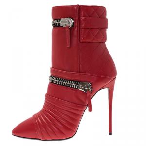 Pre Owned Giuseppe Zanotti Red Quilted Leather Olinda Zipper Detail Ankle Boots Size 36