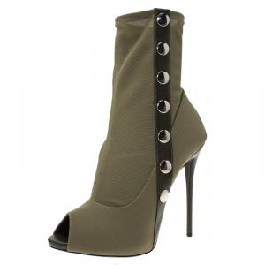 Pre Owned Giuseppe Zanotti Khaki Studded Canvas and Leather Peep Toe Ankle Boots Size 41