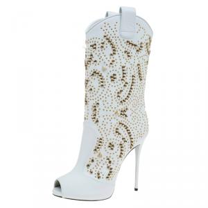 Pre Owned Giuseppe Zanotti White Studded Leather Coline Peep Toe Mid Calf Boots Size 38