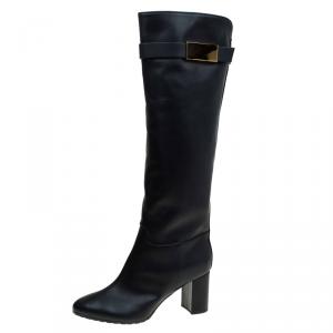 Pre Owned Giuseppe Zanotti Black Leather Metal Plaque Block Heel Knee Boots Size 41