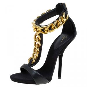 Pre Owned Giuseppe Zanotti Black Leather Chain Detail T Strap Sandals Size 36