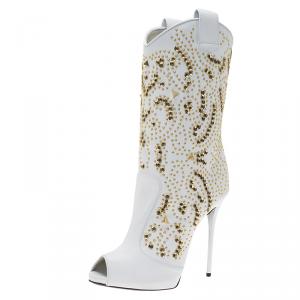 Pre Owned Giuseppe Zanotti White Studded Leather Coline Peep Toe Mid Calf Boots Size 38.5